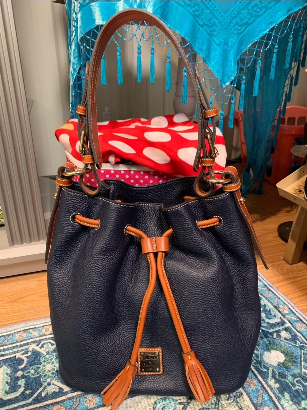 Dooney & Bourke R2077 pebbled leather drawstring bucket bag NEW QVC navy blue